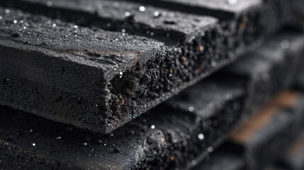 Detailed close-up of a charcoal block with chipped corners, porous structure and layered carbon texture visible, subtle light reflections on dark surface, abstract industrial mater
