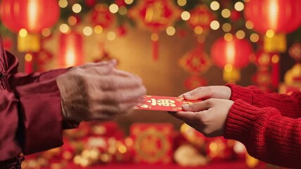Close-up of two people exchanging red envelopes with gold details, wearing red clothing, against a blurred background of red lanterns and lights, conveying a festive mood.