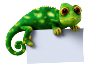 Green chameleon holding blank sign