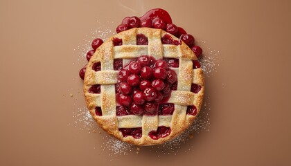 Cherry pie with lattice crust on brown background  