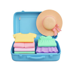 A blue suitcase is open, revealing neatly folded clothes and a hat resting on top inside.