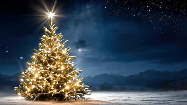 Light shines from a decorated Christmas tree in a snowy landscape at night with stars in the sky and mountains in the background