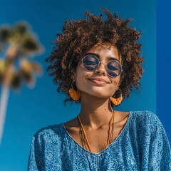 Confident young woman with curly hair, round sunglasses, and bold earrings smiles under a clear blue sky, perfect for lifestyle campaigns, travel ads, or youth branding.