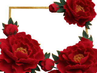 Elegant red blossoms framing design with gold accents