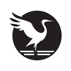 Naklejka premium Stylized white crane bird with spread wings in black circle