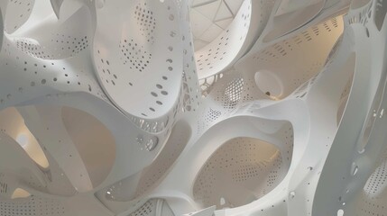 Abstract, organic, white, porous, fluid architectural forms with light and shadow