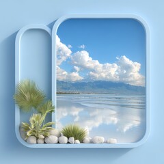 Elegant blue frame showcasing a serene coastal panorama with calm waves, distant mountains, and decorative palms and pebbles, ideal for spa branding, travel ads, or relaxation concepts.
