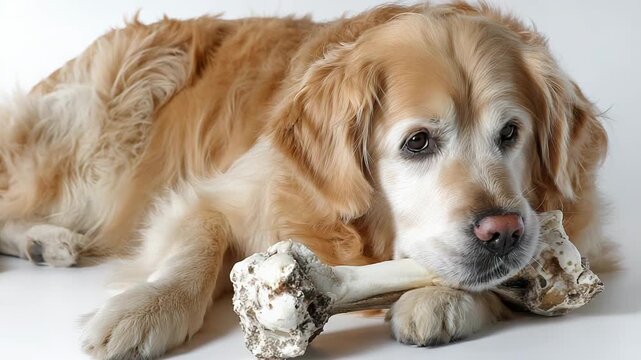 Golden retriever enjoying bone on white background