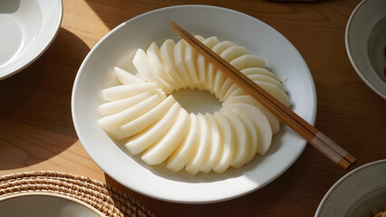 Sliced pear arranged in circular pattern on dish with chopsticks  