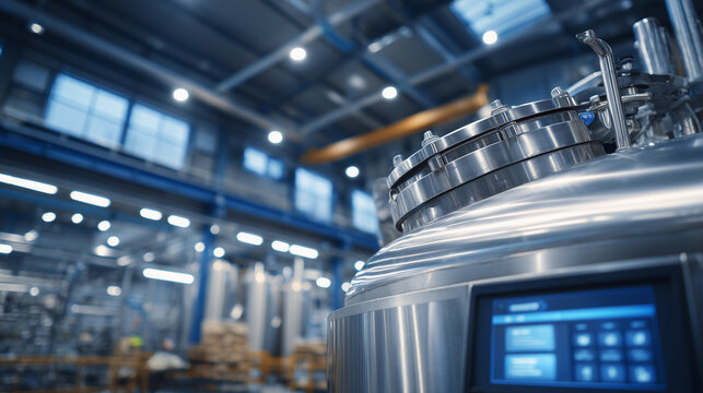 Detailed shot of a cylindrical reactor vessel with polished steel surface, visible weld seams and valves, temperature sensors and control panel nearby, modern chemical engineering
