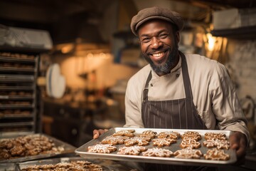 Smiling baker holding a tray of freshly baked cookies.