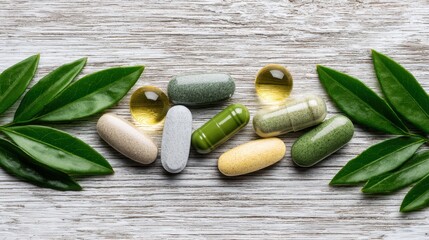 Various dietary supplements are placed on a light wooden surface. Capsules and pills are in different colors along with green leaves on both sides creating a simple display for health products