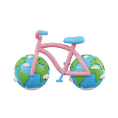 Pink bicycle with blue accents riding on two inflatable globes representing Earth with clouds