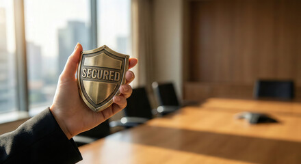 Security shield hand office business protection safety badge secure corporate security shield held in hand inside bright office meeting room symbolizing business protection and safety confidence