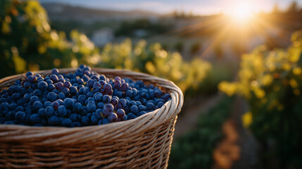 Macro close-up of freshly picked grapes inside a harvest basket, dusted with vineyard soil, sunlit vines blurred behind, authentic rural agriculture and wine origin visual