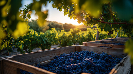 Detailed close-up of overflowing grape baskets resting between vineyard rows, rich purple and green tones, sunlight casting soft shadows, harvest season and traditional wine produc