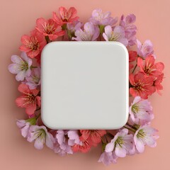 Top view of a clean white square platform framed by lush red and pastel blossoms on a peach backdrop, ideal for product mockups, beauty campaigns, or romantic spring promotions.