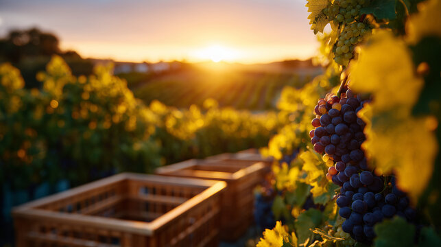 Close-up of vineyard harvest scene with grape clusters in sharp focus, baskets filling along the row, warm golden light, rural grape farming and winemaking process beginning concep - Powered by Adobe