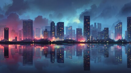 Fototapeta premium Nighttime Cityscape with Water Reflection