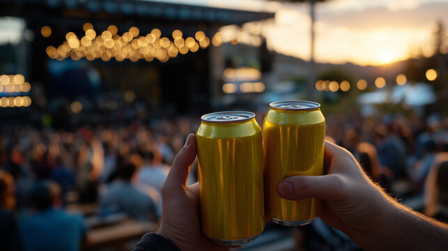 Close-up of two beer cans raised against a blurred outdoor party background, warm sunset tones, gold can reflecting light, summer celebration and social connection theme