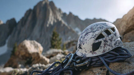 Close-up of worn climbing helmet and ropes resting on stone ledge, detailed scratches on helmet, metallic carabiners reflecting sunlight, rugged terrain and rock climbing safety pr