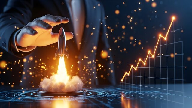 Close-up of a suited hand holding a sparkler with a rising graph and grid background conveying growth and success in a dark setting with bright orange tones. - Powered by Adobe