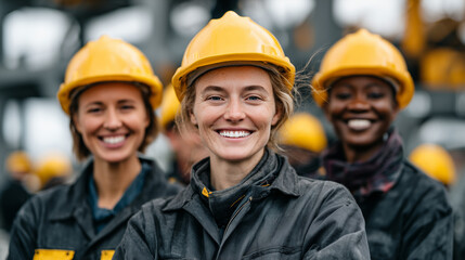 Close-up of four diverse women wearing yellow hard hats and work clothes, standing together outdoors, smiling confidently, bright natural light, construction and earth science prof