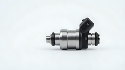 Close-up studio shot of a modern metallic automotive fuel injector component isolated on white