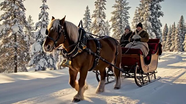 Brown horse pulling a red sleigh through a snowy winter forest. Couple enjoying a horse-drawn carriage ride on a sunny day. Holiday and travel concept