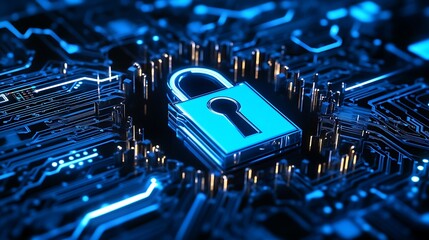 Digital security illuminated padlock on circuit board representing protection