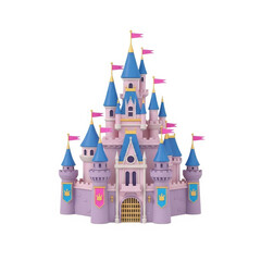 A majestic toy castle with pastel hues and multiple turrets stands proudly on a plain white background