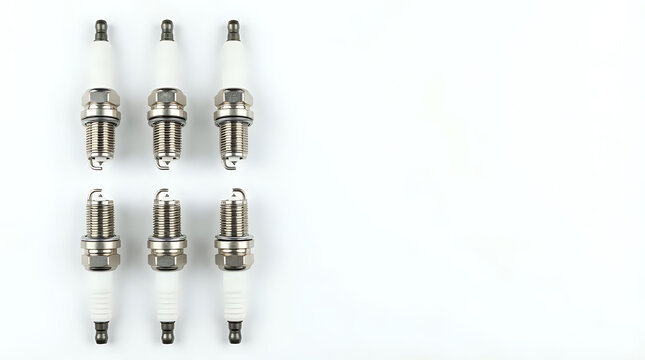 Six new iridium spark plugs arranged for automotive maintenance and engine performance parts