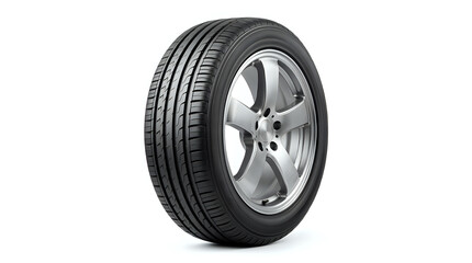 Obraz premium Isolated modern car tire with silver alloy wheel on a clean white background