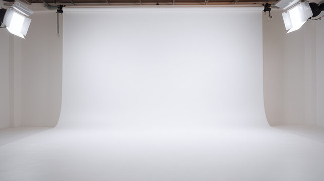 Wide-angle shot of empty studio, white backdrop fully covering wall, two large softboxes angled toward center, floor and space free of clutter, creative indoor shoot environment