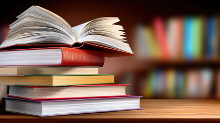 Fototapeta premium Book stack open book hardcover book education study reading literature library knowledge learning book stack wooden table front of blurred bookshelf background, open hardcover book top suggesting