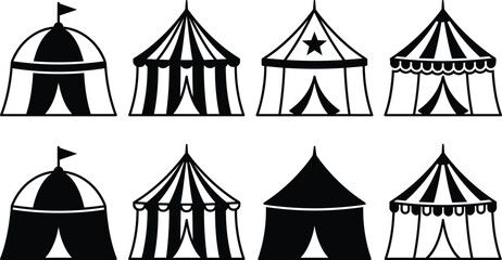 Black circus tent icons set with carnival marquees, striped fairground pavilions and entertainment booths isolated on white background, vector design. © Kamrul