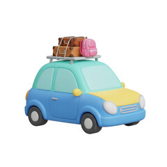 A small blue and yellow car with luggage on the roof rack ready for a trip