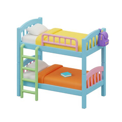 A colorful bunk bed in a children's bedroom with vibrant bedding and a ladder