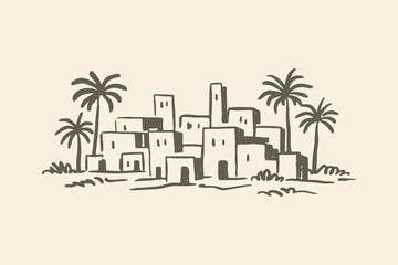 Desert village with palm trees doodle sketch vector