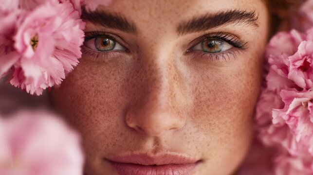 Close-up portrait of a beautiful woman with freckles and pink flowers