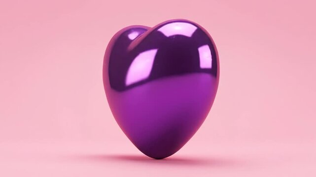 A shiny purple heart object on a soft pink background with a reflective surface and subtle shadow