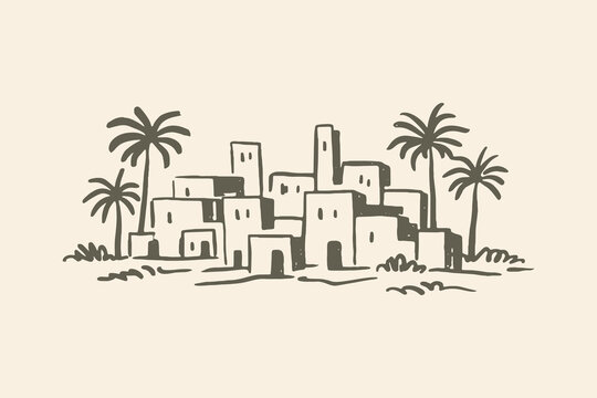Desert village with palm trees doodle sketch vector