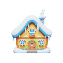 A cartoon house with snow-covered roof and icicles hanging from the eaves, surrounded by winter scenery