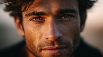 Fototapeta premium Close-up portrait of a handsome man with warm sunlight on his face