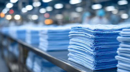 Detailed close-up of piles of light blue scrubs and medical gowns, perfectly aligned on stainless steel counter, bright clinical lighting, symbolizing hygiene and organization in a
