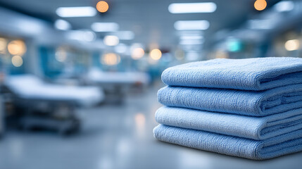 Macro-style close-up of light blue surgical scrubs stacked neatly, folds crisp, soft focus background of clean hospital ward, order and sterile environment concept