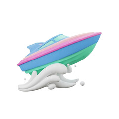 Speedboat emerging from ocean waves with dynamic illustration