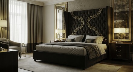 Luxurious Master Bedroom Interior with Tufted Headboard, Gold Accents, and Elegant Furnishings