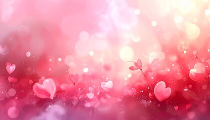 幻想的なハートのボケ背景：ピンクと赤のグラデーション。バレンタインや広告に最適な光の素材 
