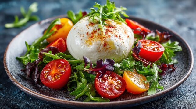A dish is presented with fresh mixed greens, cherry tomatoes, and a large ball of burrata cheese, all arranged on a dark plate with herbs on top